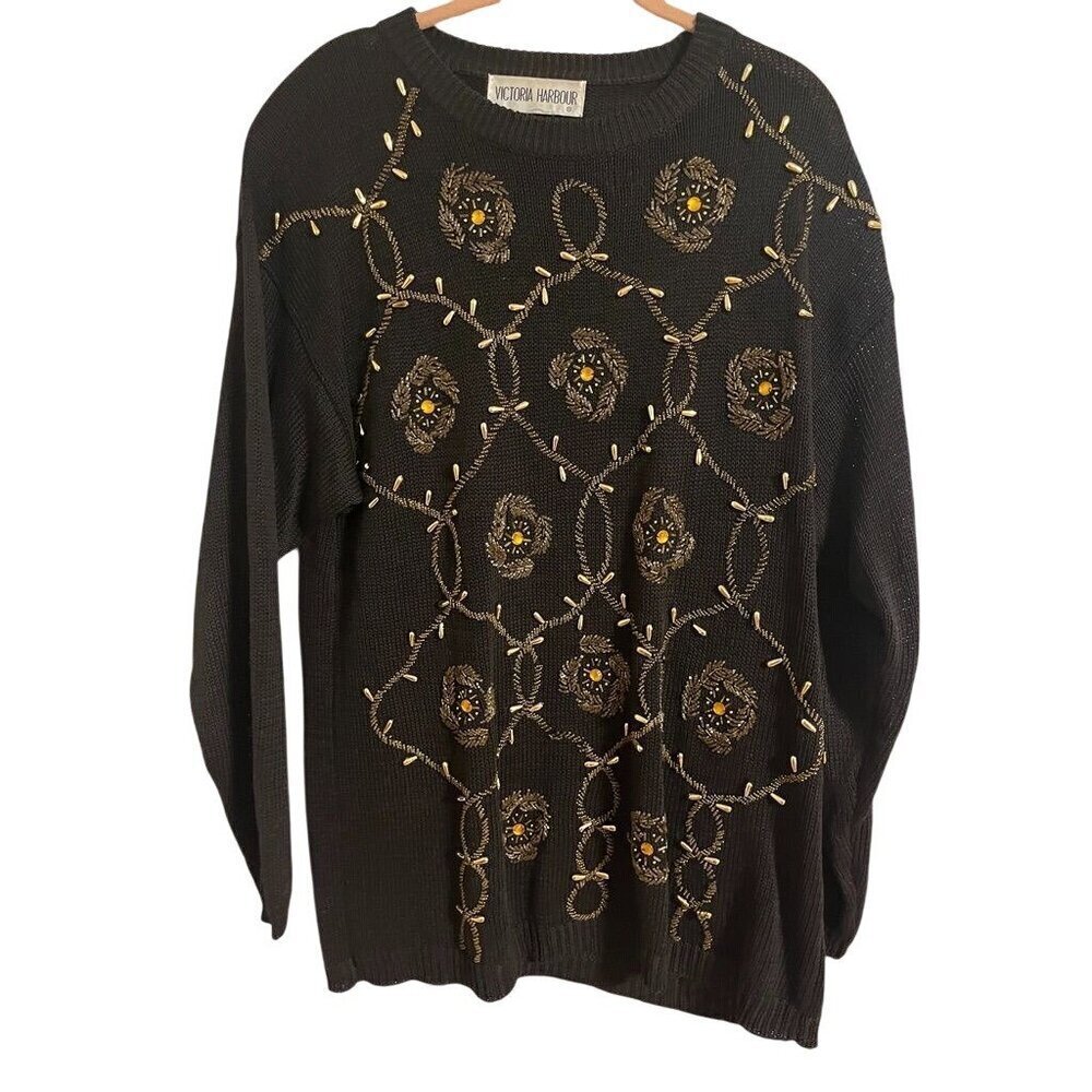 Vintage Floral Beaded Sweater XL Black Old Money Classic Festive Retro Chic Arts